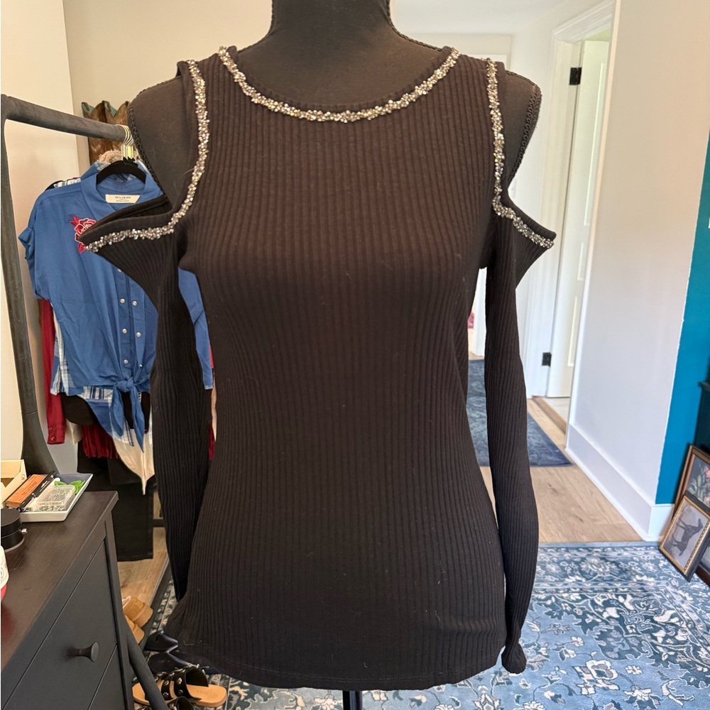 River Island Black Ribbed Top with Rhinestone Detail
